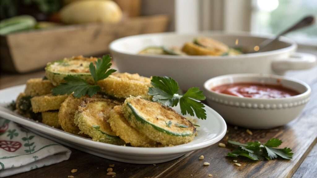 Crispy golden fried squash on a plate with dipping sauce, a perfect homemade snack