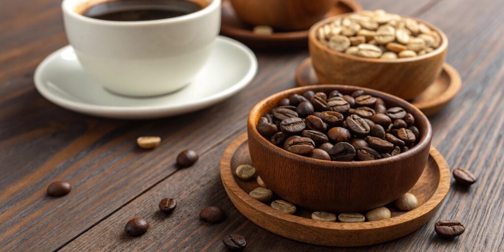 A selection of light, medium, and dark roasted coffee beans in small wooden bowls, with a steaming cup of espresso in the background