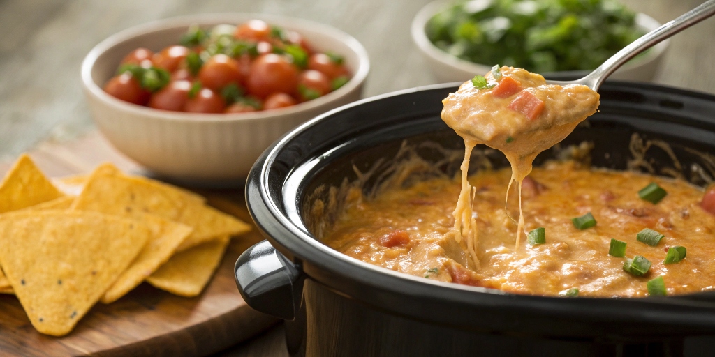 A crockpot filled with warm, creamy taco dip being scooped out, with toppings like cheese, tomatoes, and green onions in the background