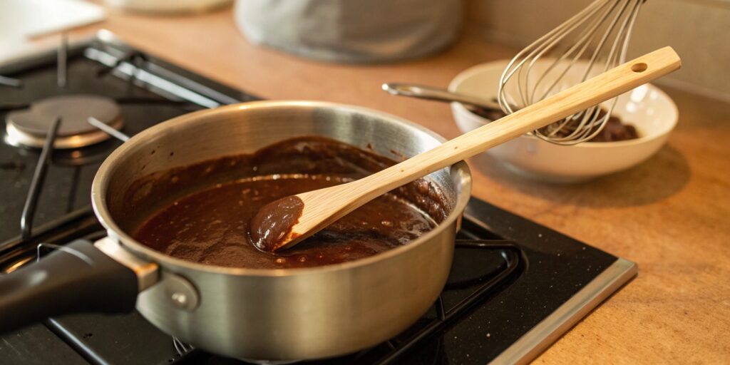 A saucepan of chocolate gravy being stirred over low-medium heat, with a kitchen thermometer showing the ideal cooking temperature for perfect consistency
