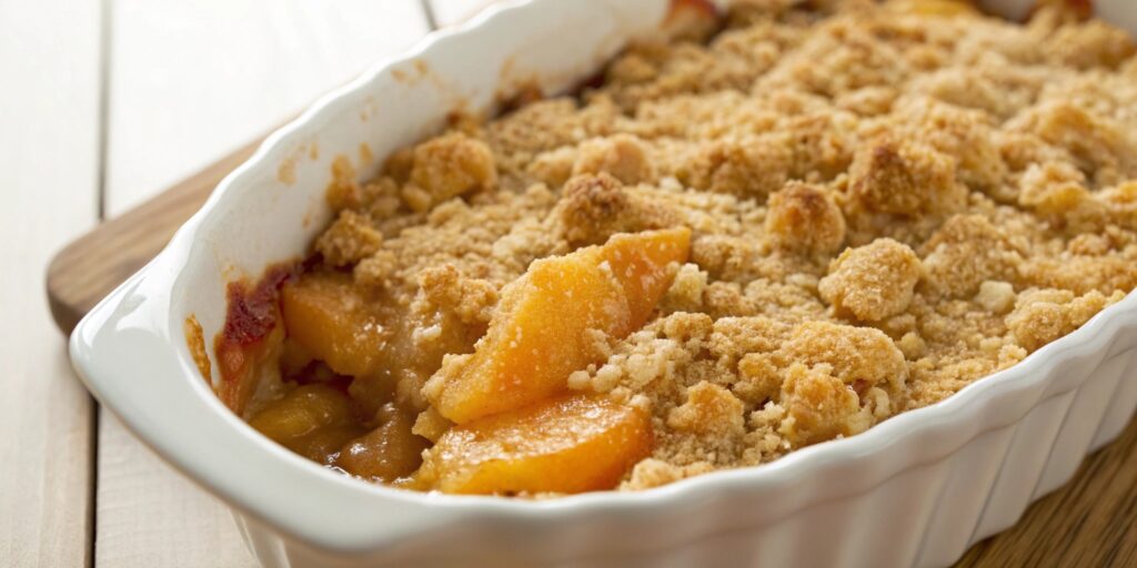 Golden-brown peach crumble with a crumbly, buttery topping.