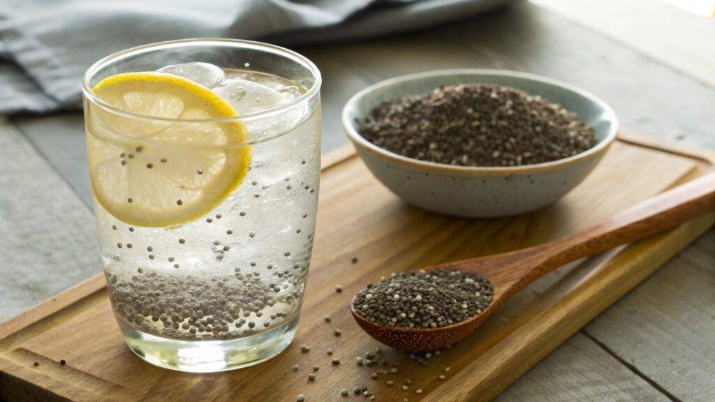A glass of chia seed water with soaked chia seeds, garnished with a lemon slice, placed on a rustic wooden table