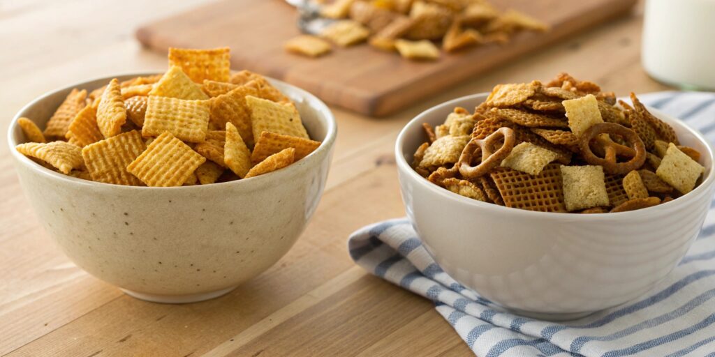 Side-by-side comparison of oven-baked and microwaved Chex Mix, showing texture differences