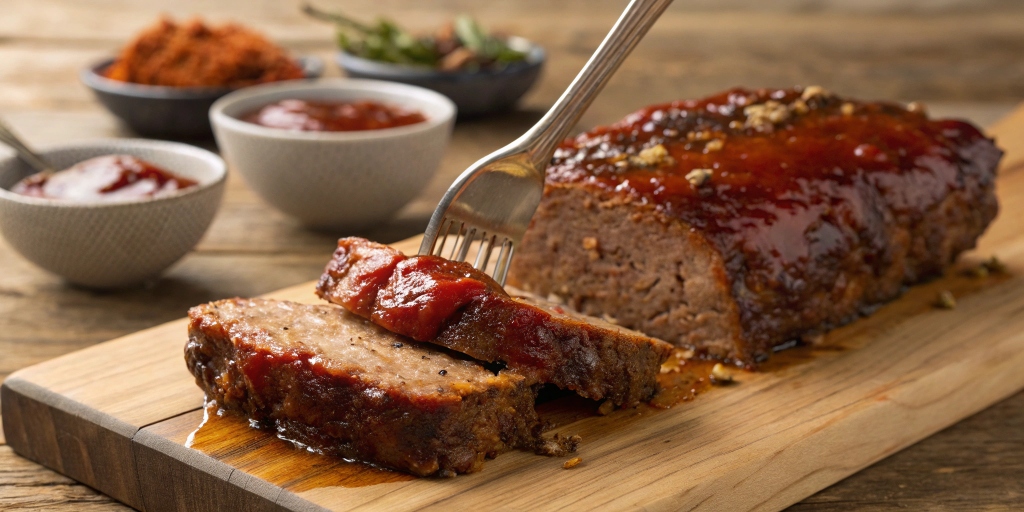 A juicy meatloaf slice covered in a thick, flavorful sauce, highlighting why the perfect glaze enhances meatloaf.