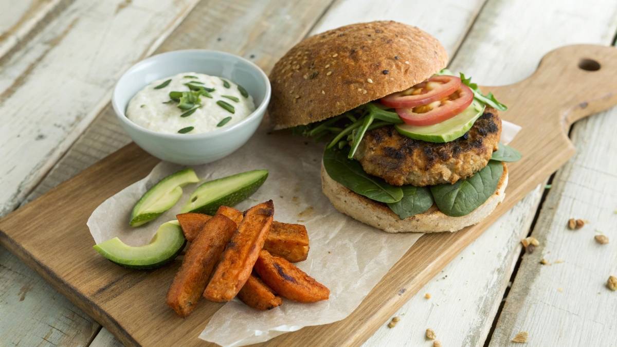 A healthy burger with a whole-grain bun, turkey patty, spinach, avocado, and tomato, served with sweet potato fries