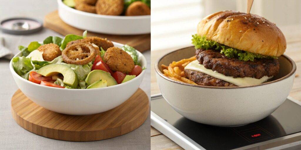 A visually engaging split-screen image comparing two different burger bowl variations with unique ingredients and presentation